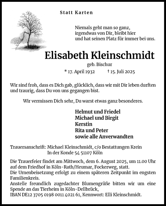 Anzeige von Elisabeth Kleinschmidt von Kölner Stadt-Anzeiger / Kölnische Rundschau / Express