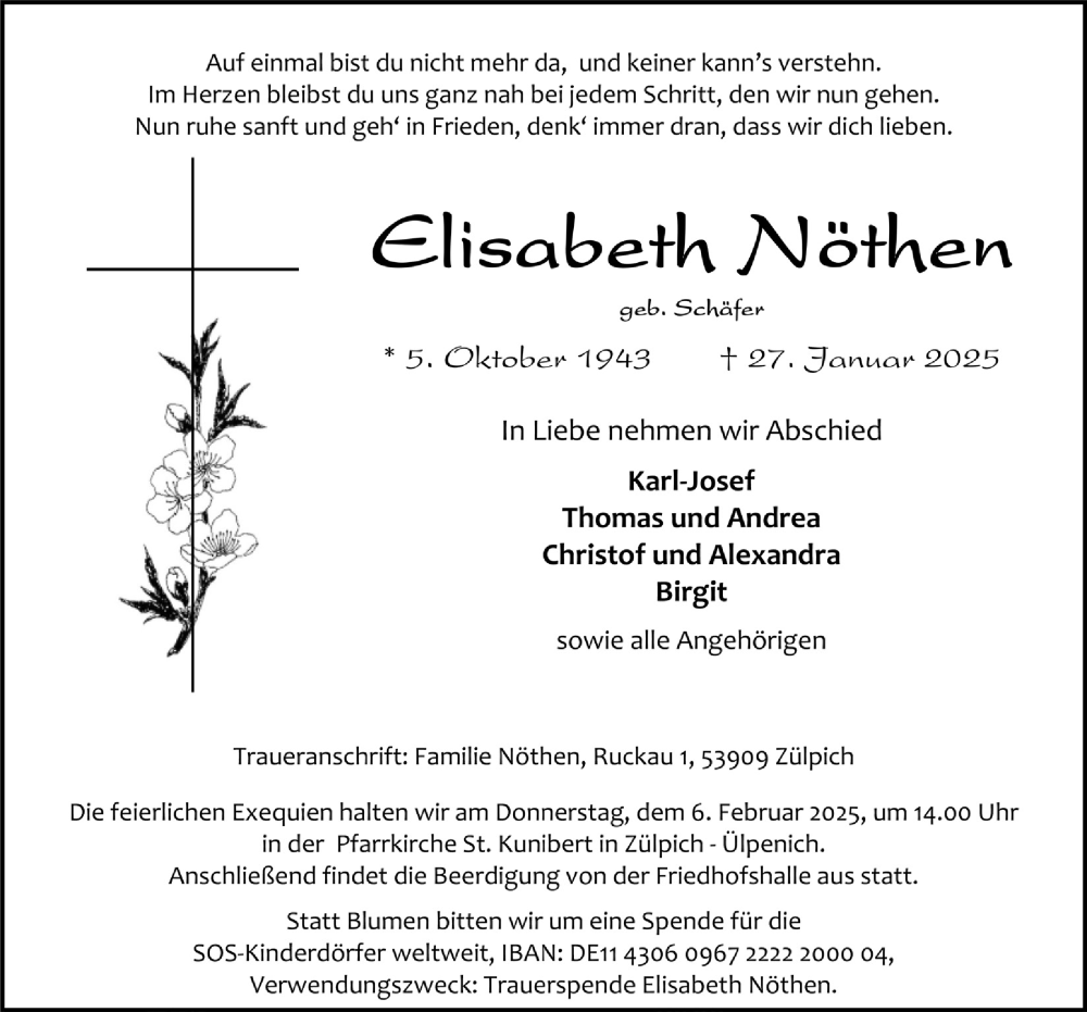  Traueranzeige für Elisabeth Nöthen vom 01.02.2025 aus  Blickpunkt Euskirchen 