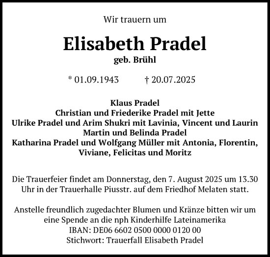Anzeige von Elisabeth Pradel von Kölner Stadt-Anzeiger / Kölnische Rundschau / Express