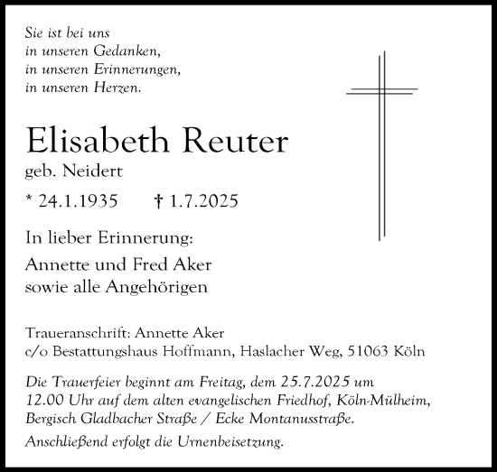 Anzeige von Elisabeth Reuter von Kölner Stadt-Anzeiger / Kölnische Rundschau / Express