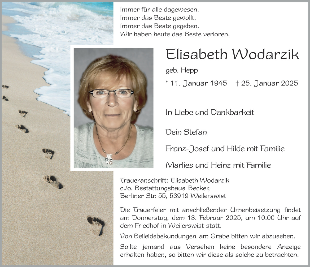  Traueranzeige für Elisabeth Wodarzik vom 01.02.2025 aus  Blickpunkt Euskirchen 