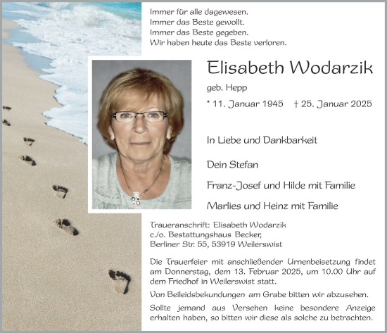 Anzeige von Elisabeth Wodarzik von  Blickpunkt Euskirchen 