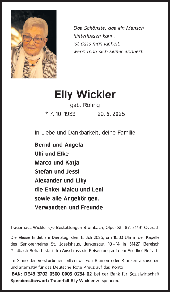 Anzeige von Elly Wickler von Kölner Stadt-Anzeiger / Kölnische Rundschau / Express