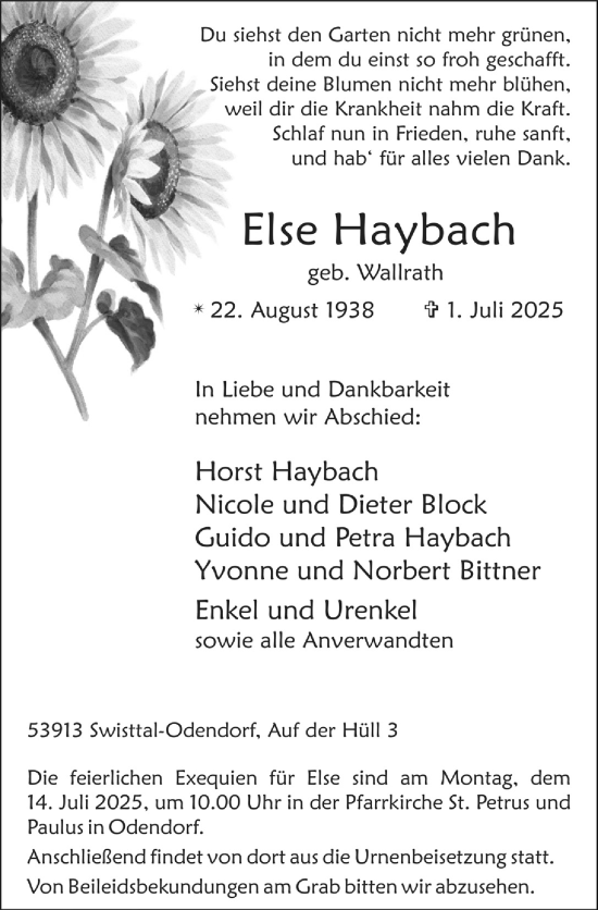 Anzeige von Else Haybach von  Schaufenster/Blickpunkt 