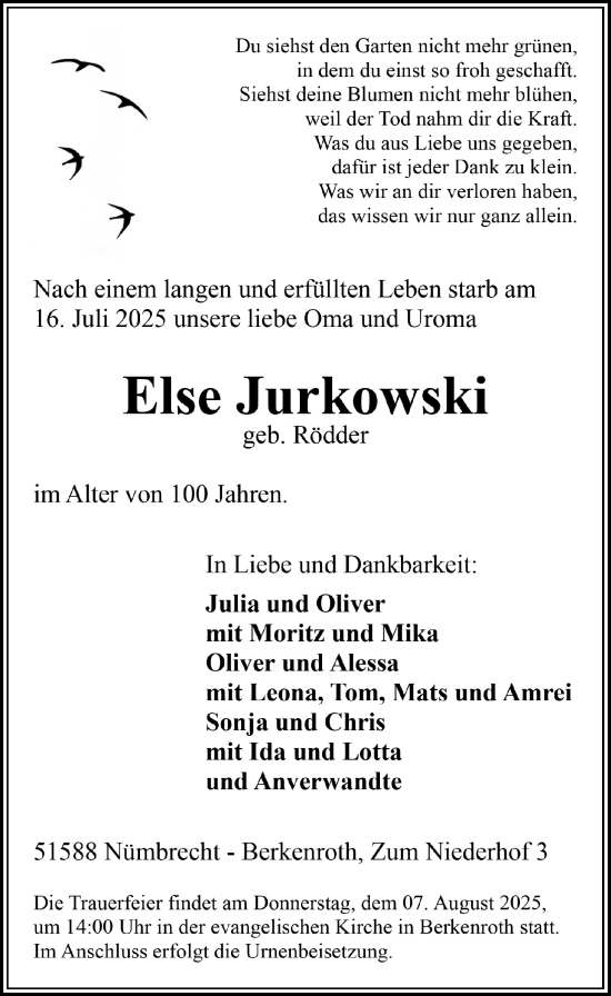 Anzeige von Else Jurkowski von  Lokalanzeiger 