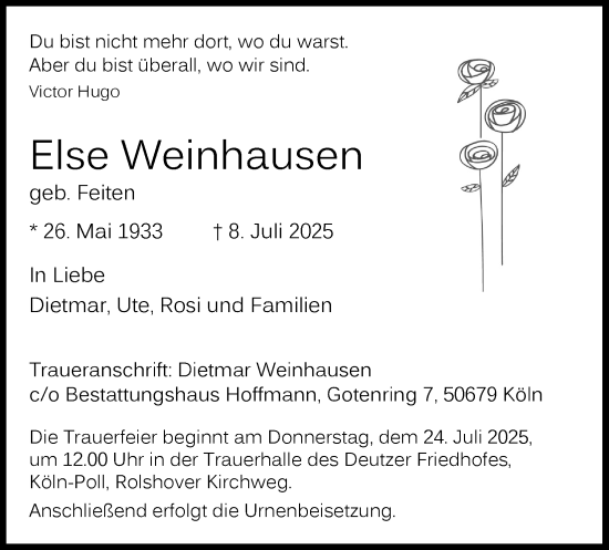 Anzeige von Else Weinhausen von Kölner Stadt-Anzeiger / Kölnische Rundschau / Express