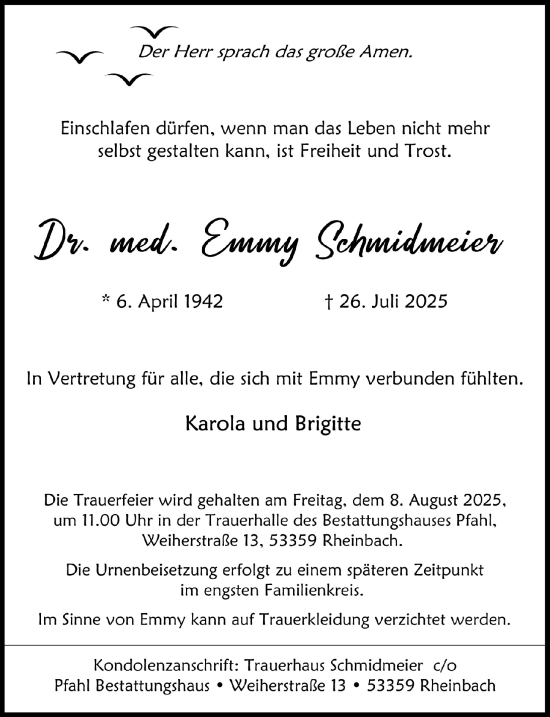 Anzeige von Emmy Schmidmeier von  Schaufenster/Blickpunkt 