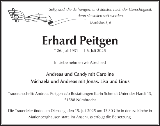 Anzeige von Erhard Peitgen von  Lokalanzeiger 