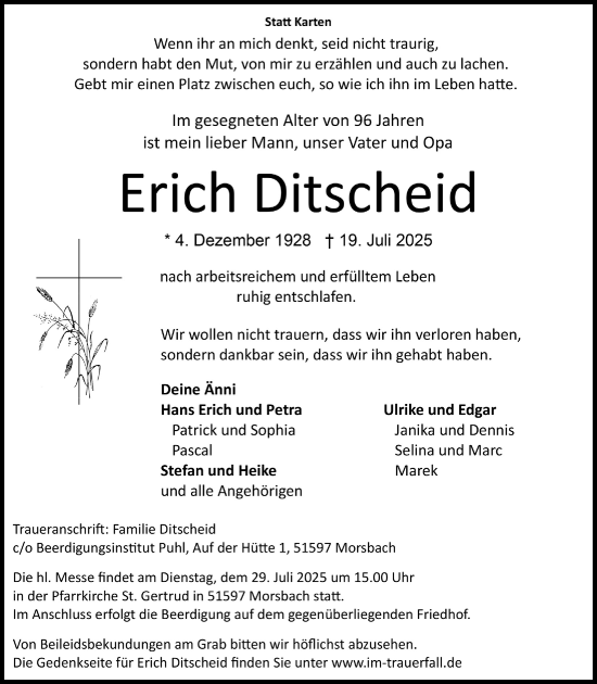 Anzeige von Erich Ditscheid von  Lokalanzeiger 