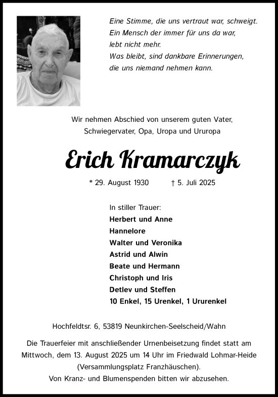 Anzeige von Erich Kramarczyk von Kölner Stadt-Anzeiger / Kölnische Rundschau / Express
