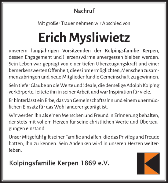 Anzeige von Erich Mysliwietz von  Werbepost 