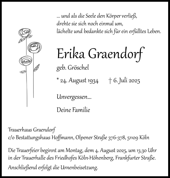 Anzeige von Erika Graendorf von Kölner Stadt-Anzeiger / Kölnische Rundschau / Express
