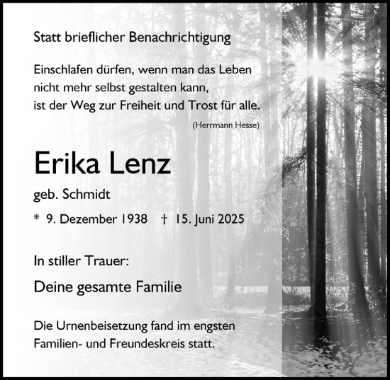 Anzeige von Erika Lenz von  Anzeigen Echo 
