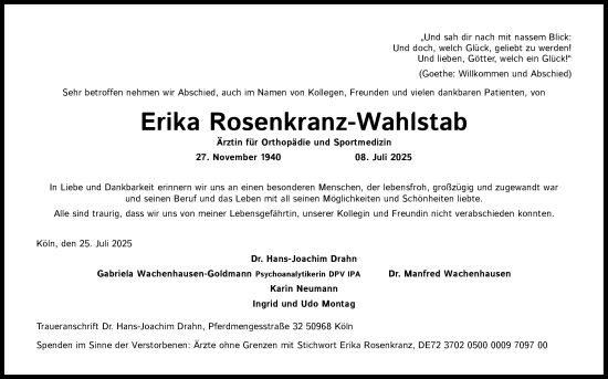 Anzeige von Erika Rosenkranz-Wahlstab von Kölner Stadt-Anzeiger / Kölnische Rundschau / Express
