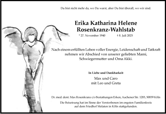 Anzeige von Erika Katharina Helene Rosenkranz-Wahlstab von Kölner Stadt-Anzeiger / Kölnische Rundschau / Express