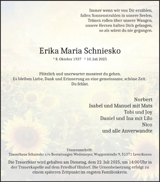 Anzeige von Erika Maria Schniesko von  Lokale Informationen 