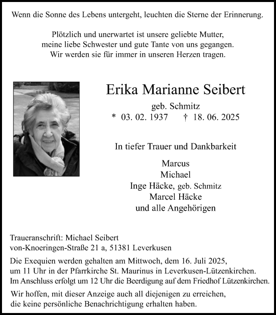 Anzeige von Erika Marianne Seibert von Kölner Stadt-Anzeiger / Kölnische Rundschau / Express