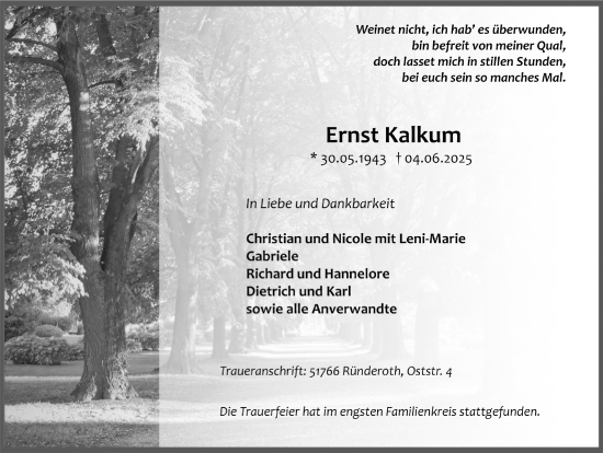 Anzeige von Ernst Kalkum von  Anzeigen Echo 