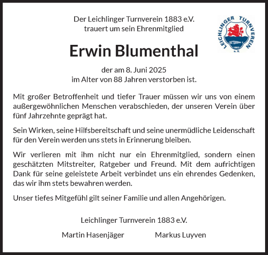 Anzeige von Erwin Blumenthal von Kölner Stadt-Anzeiger / Kölnische Rundschau / Express