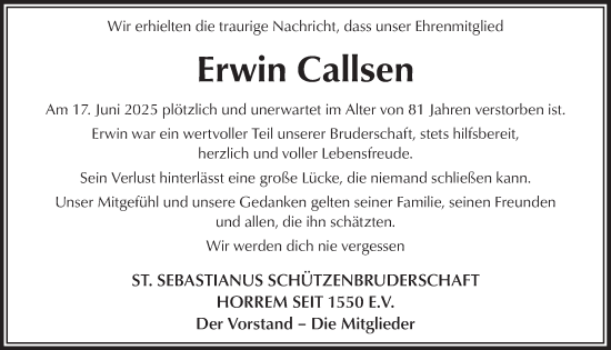 Anzeige von Erwin Callsen von  Werbepost 