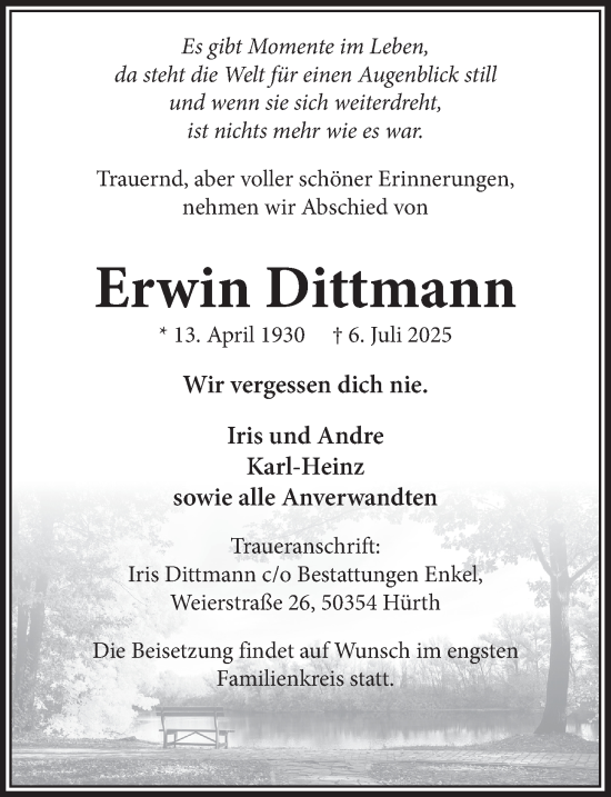Anzeige von Erwin Dittmann von  Wochenende 