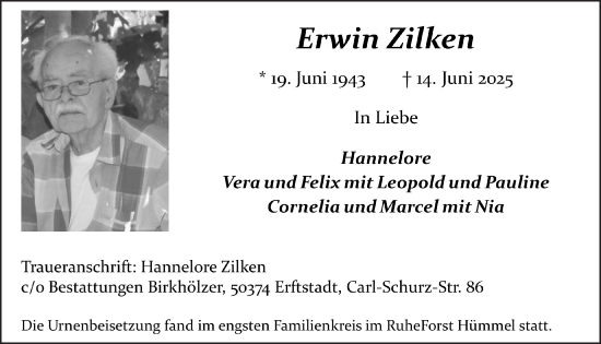 Anzeige von Erwin Zilken von  Werbepost 