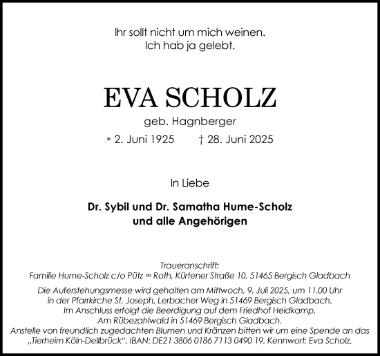 Anzeige von Eva Scholz von Kölner Stadt-Anzeiger / Kölnische Rundschau / Express