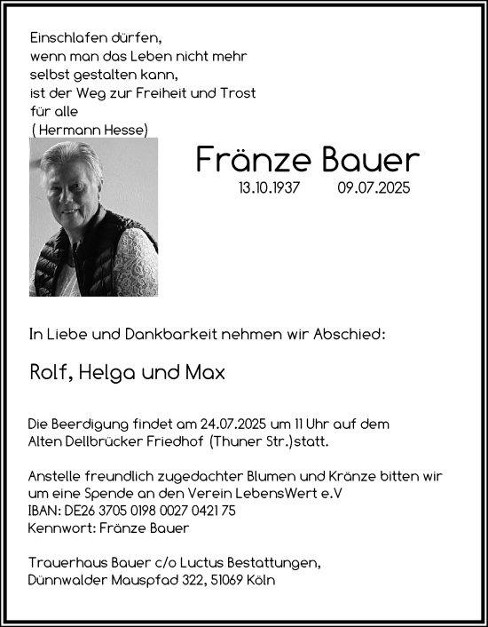 Anzeige von Fränze Bauer von Kölner Stadt-Anzeiger / Kölnische Rundschau / Express