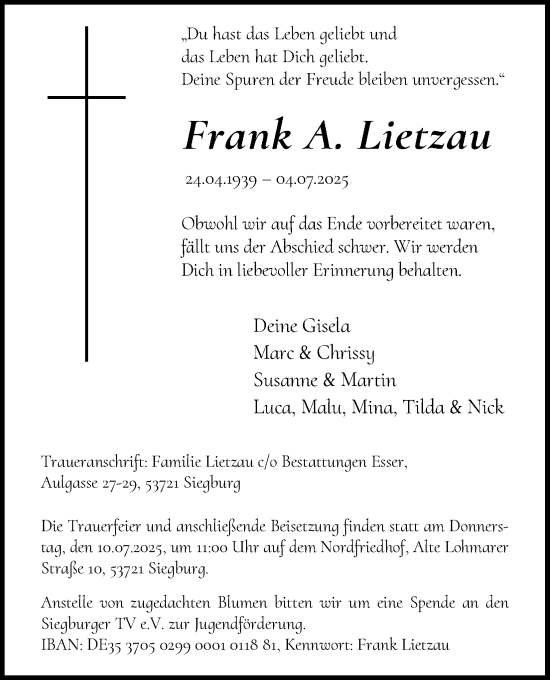 Anzeige von Frank Lietzau von Kölner Stadt-Anzeiger / Kölnische Rundschau / Express
