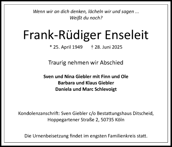 Anzeige von Frank-Rüdiger Enseleit von Kölner Stadt-Anzeiger / Kölnische Rundschau / Express