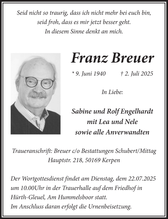Anzeige von Franz Breuer von  Wochenende 