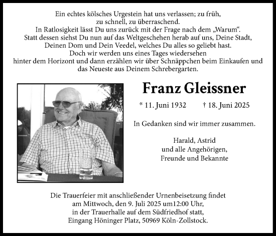 Anzeige von Franz Gleissner von Kölner Stadt-Anzeiger / Kölnische Rundschau / Express