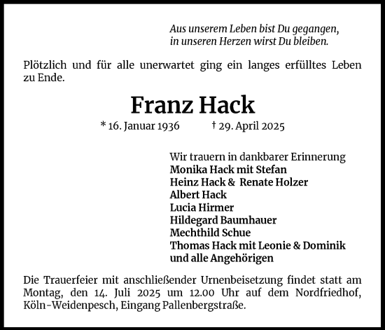 Anzeige von Franz Hack von Kölner Stadt-Anzeiger / Kölnische Rundschau / Express