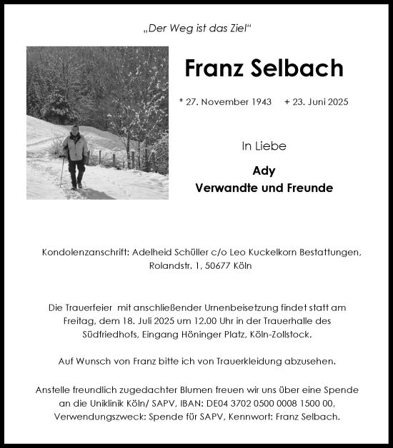 Anzeige von Franz Selbach von Kölner Stadt-Anzeiger / Kölnische Rundschau / Express