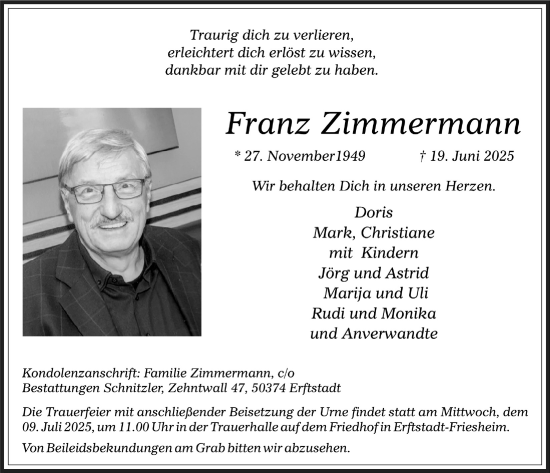 Anzeige von Franz Zimmermann von  Werbepost 