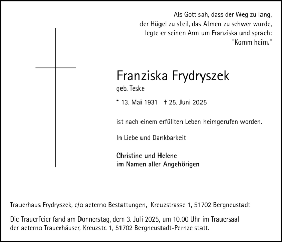 Anzeige von Franziska Frydryszek von  Anzeigen Echo 