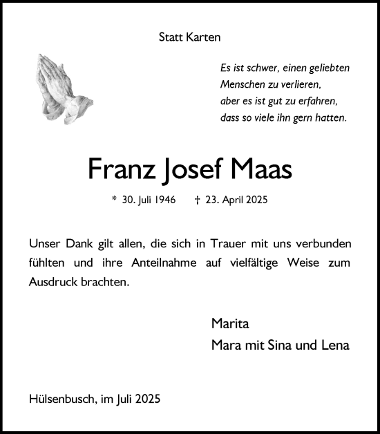 Anzeige von Franz Josef Maas von Kölner Stadt-Anzeiger / Kölnische Rundschau / Express