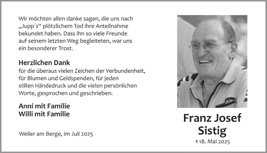Anzeige von Franz Josef Sistig von  Blickpunkt Euskirchen 
