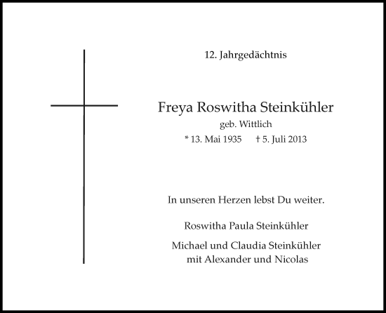 Anzeige von Freya Roswitha Steinkühler von Kölner Stadt-Anzeiger / Kölnische Rundschau / Express