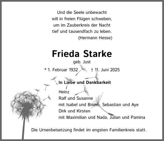 Anzeige von Frieda Starke von Kölner Stadt-Anzeiger / Kölnische Rundschau / Express