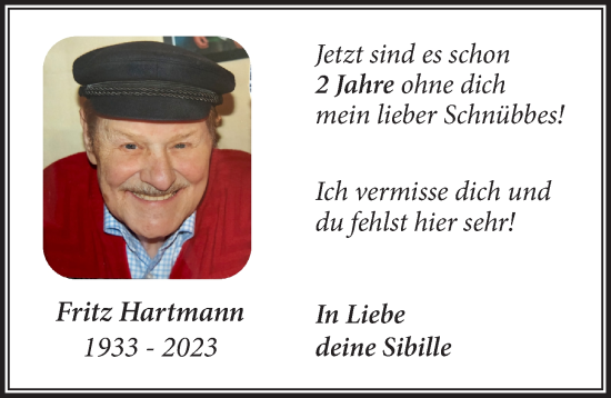 Anzeige von Fritz Hartmann von  Wochenende 