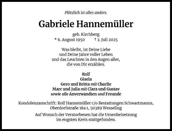 Anzeige von Gabriele Hannemüller von Kölner Stadt-Anzeiger / Kölnische Rundschau / Express