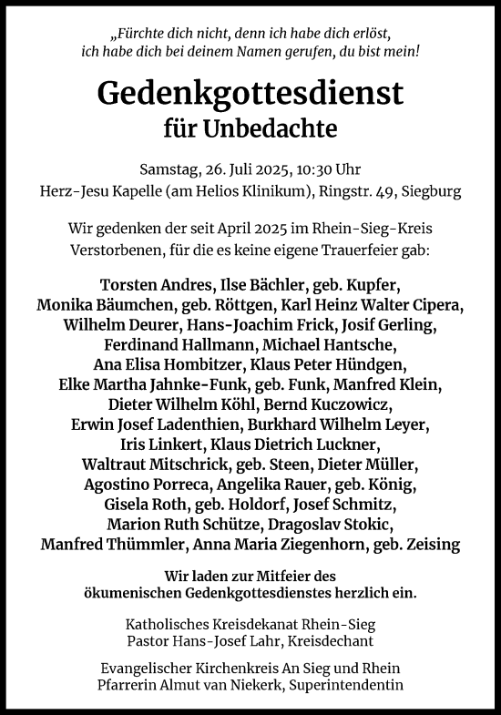 Anzeige von Gedenkgottesdienst  von Kölner Stadt-Anzeiger / Kölnische Rundschau / Express