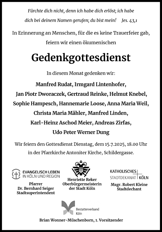 Anzeige von Gedenkgottesdienst  von Kölner Stadt-Anzeiger / Kölnische Rundschau / Express