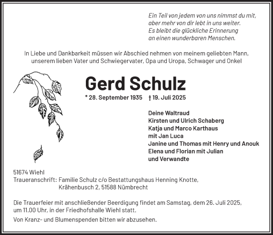 Anzeige von Gerd Schulz von  Anzeigen Echo 