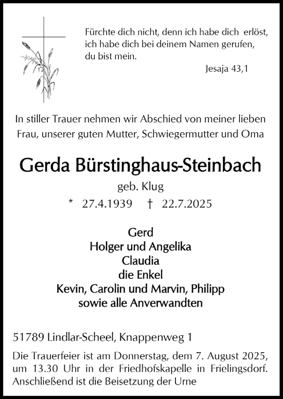 Anzeige von Gerda Biirstinghaus-Steinbach von  Anzeigen Echo 