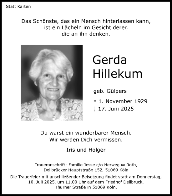 Anzeige von Gerda Hillekum von Kölner Stadt-Anzeiger / Kölnische Rundschau / Express