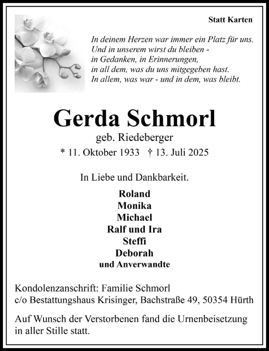 Anzeige von Gerda Schmorl von  Wochenende 