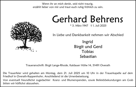 Anzeige von Gerhard Behrens von  Bergisches Handelsblatt 