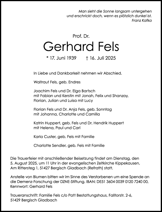 Anzeige von Gerhard Fels von Kölner Stadt-Anzeiger / Kölnische Rundschau / Express